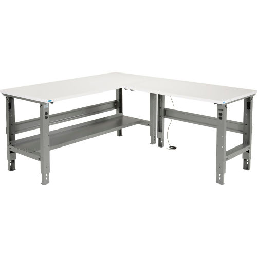 Global Industrial™ L-Shaped Adjustable Height Workbench, ESD Laminate Square Edge