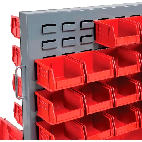 Double Sided Floor Rack Bin Organizer with 7 1/2 x 4 x 3 Red Bins