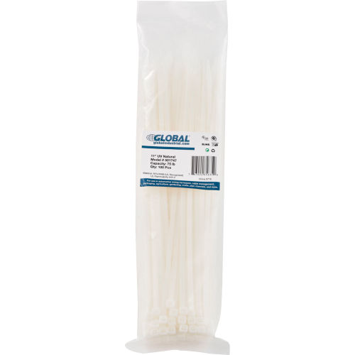 Global™ 11inCable Ties, Natural w/UV, 75 lb, 100 pack