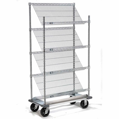 Nexel® Slant Wire Shelving Truck w/4 Shelves & Dolly Base, 36"L x 18"W