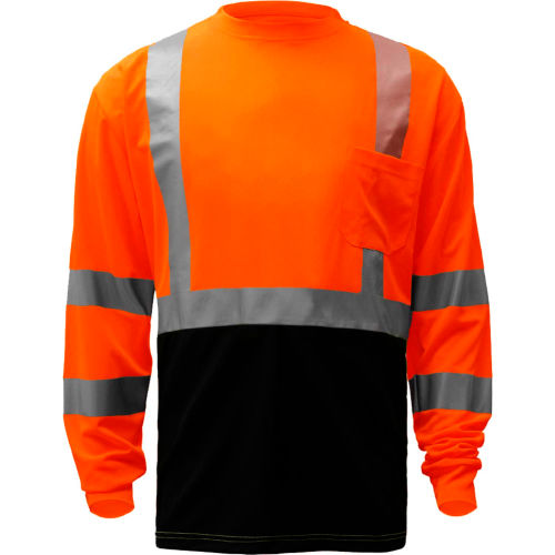 GSS Safety 5114, Class 3, Microfiber Birdseye Long Sleeve T-Shirt W/ Black Bottom, Orange, L Tall