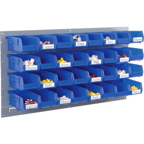 Global Industrial Wall Bin Rack Panel with (32) Blue Bins, 36x7x19