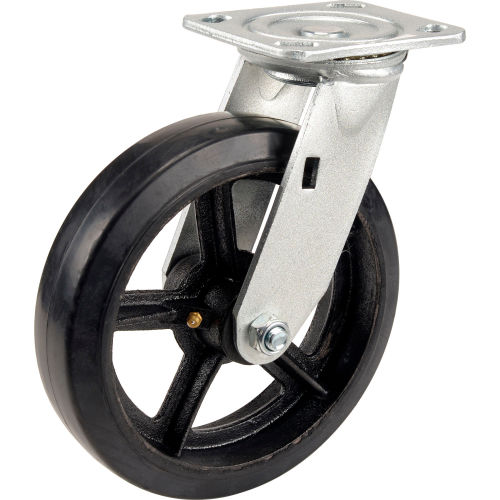 Global Industrial™ Heavy Duty Swivel Plate Caster 8in Mold-On Rubber Wheel 600 Lb. Capacity