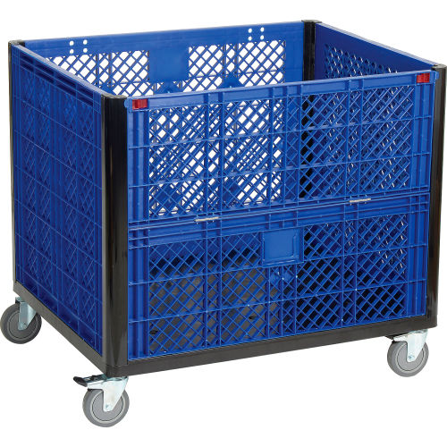 Collapsible Vented Wall Bulk Container with Drop Gate and Casters 39-1/4"L x 31-1/2"W x 29"H, Blue