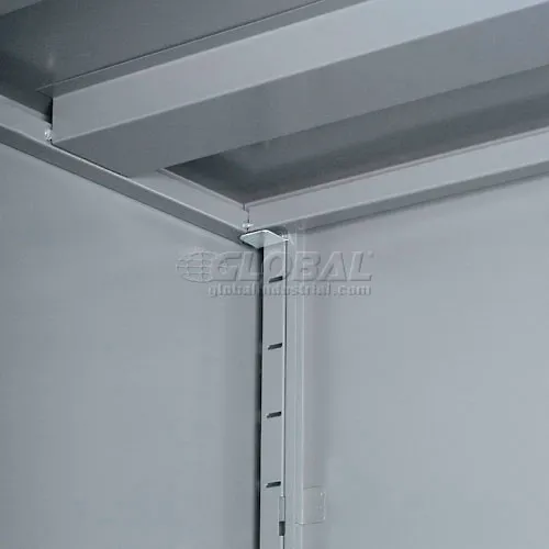 Corner of metal shelving unit