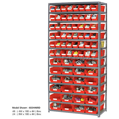 96 36x12x72 4 H Plastic Shelf Bins 13 Shelf Steel Shelving with Red 