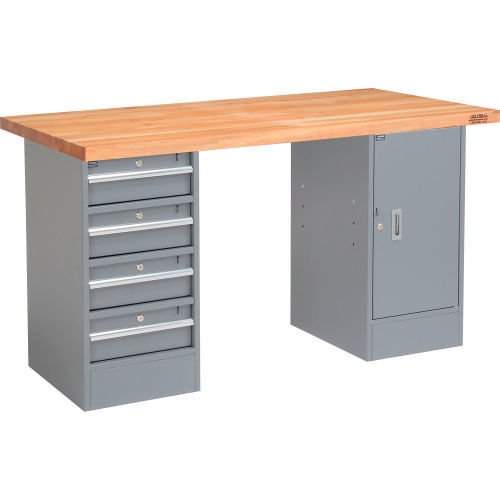96" W x 30" D Pedestal Workbench W/ 4 Drawers & Cabinet, Maple Butcher Block Square Edge - Gray