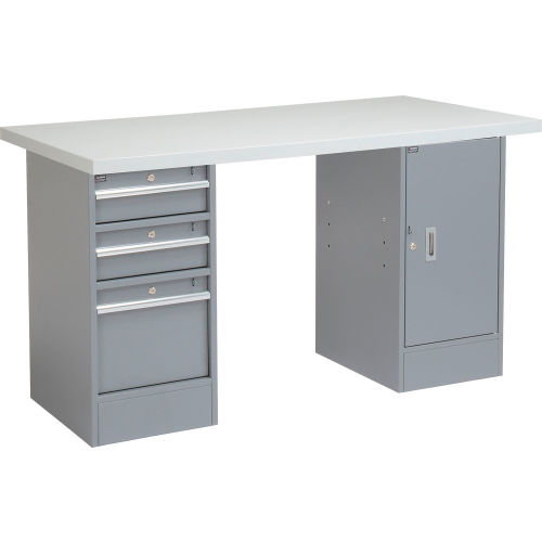 96" W x 30" D Pedestal Workbench W/ 3 Drawers & Cabinet, Plastic Laminate Square Edge - Gray