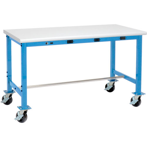 60W x 30D Mobile Packing Workbench with Power Apron - Plastic Laminate Safety Edge - Blue