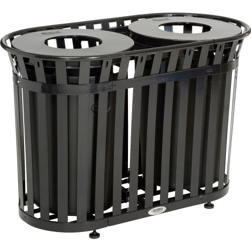 Global Industrial™ Outdoor Metal Slatted Double Trash Receptacle w/ Flat Lid - 72 Gal Black