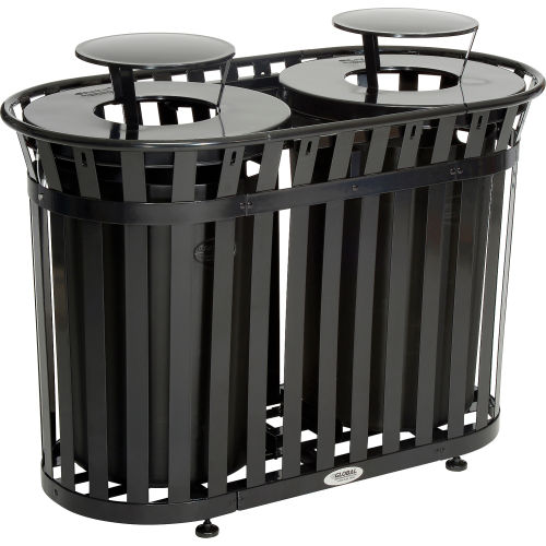 Global Industrial™ Outdoor Metal Slatted Double Trash Receptacle w/ Rain Bonnet Lid - 72 Gal BK