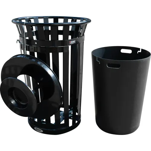 Global Industrial Outdoor Heavy-Duty Slatted Steel Trash Can, 36 Gallon, 39H, Black