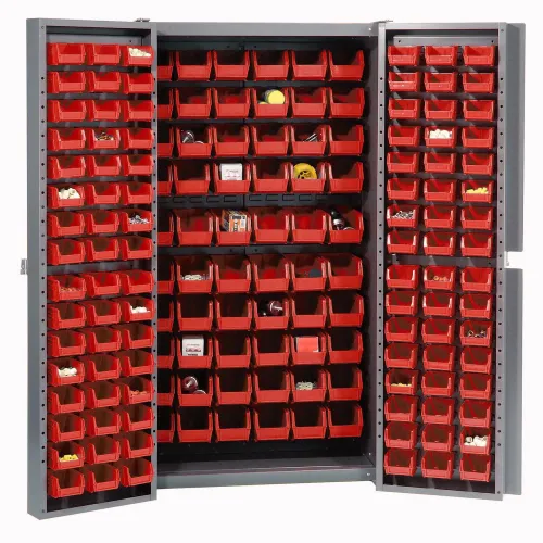 Global Industrial™ Deep Door Bin Cabinet, 156 Red Bins, Assembled