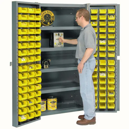 Global Industrial™ Bin Cabinet Deep Door, 96 YL Bins, Shelves, 16