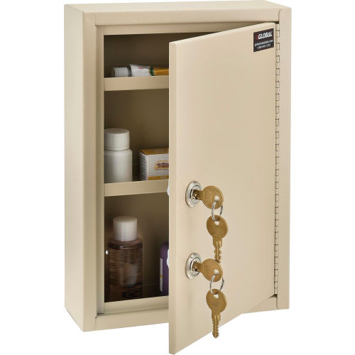 Medical Security Cabinet, 8 W x 2-5/8 D x 12-1/8 H, 2 Key Locks, Sand