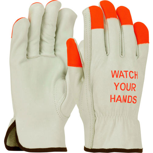 PIP Top Grain Cowhide Drivers Gloves, Keystone Thumb, Quality Grade Hi-Vis Finger, XL