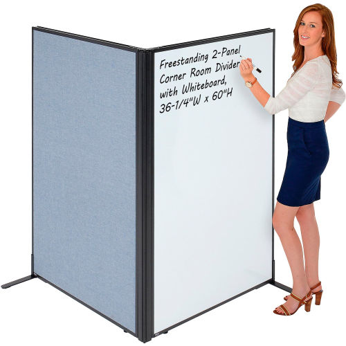 Freestanding 2-Panel Corner Room Divider with Whiteboard, 36-1/4 W x 60 H, Blue