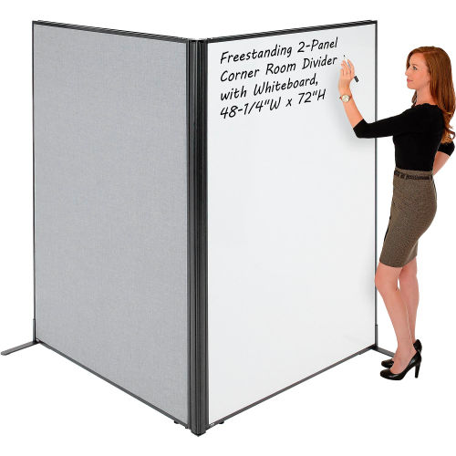 Freestanding 2-Panel Corner Room Divider with Whiteboard, 48-1/4 W x 72 H, Gray