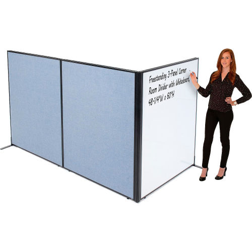 Freestanding 3-Panel Corner Room Divider with Whiteboard, 48-1/4 W x 60 H, Blue