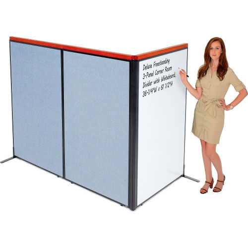 Deluxe Freestanding 3-Panel Corner Room Divider with Whiteboard, 36-1/4 W x 61-1/2 H, Blue