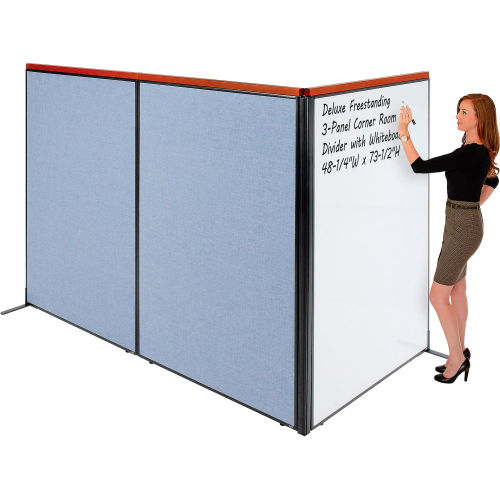 Deluxe Freestanding 3-Panel Corner Room Divider with Whiteboard, 48-1/4 W x 73-1/2 H, Blue