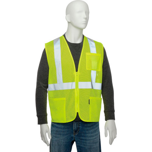 Global Industrial Class 2 Hi-Vis Safety Vest, 2 in. Silver Strips, Polyester Mesh, Lime, Size L
