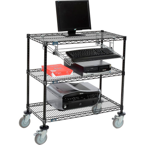 Wire shelf Mobile Computer LANstation workstation, Keyboard Tray, 40 Hx18 Wx36 L Black, 3-Shelf