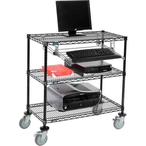 Nexel™ 3Shelf Mobile Wire Computer LAN Workstation w/Keyboard Tray, 36"W x 18"D x 40"H, Black