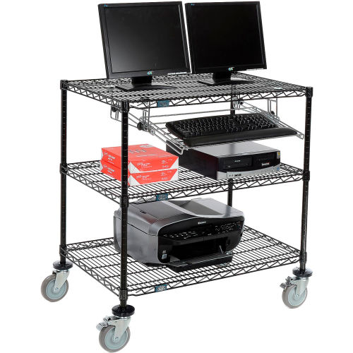 Wire shelf Mobile Computer LANstation workstation, Keyboard Tray, 40 Hx24 Wx36 L Black, 3-Shelf