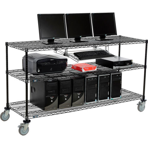 Nexel™ 3Shelf Mobile Wire Computer LAN Workstation w/Keyboard Tray, 72"W x 24"D x 40"H, Black