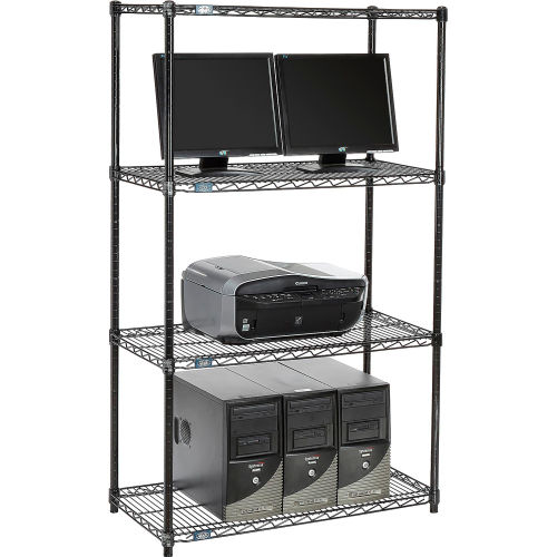 Computer LAN station with 63 in. Posts, 18 x 36 Shelves 4-shelf - Black
