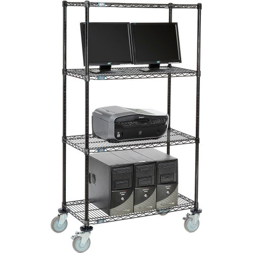 Mobile computer LAN station with 63 in. Posts, 18 x 36 Shelves 4-shelf - Black
