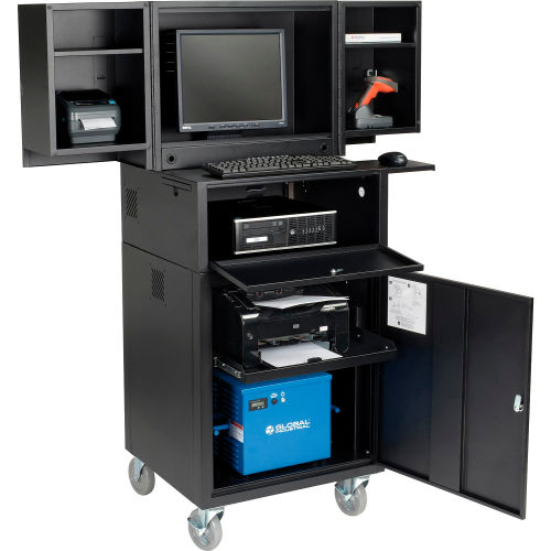 Global Industrial™ Mobile Powered Fold-Out Computer Security Cabinet, Black, Unassembled 40AH Battery
