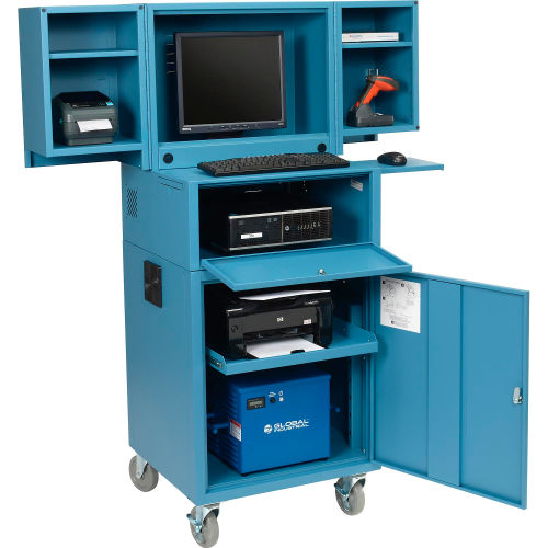 Global Industrial™ Mobile Powered Fold-Out Computer Security Cabinet, Blue, Unassembled 40AH Battery