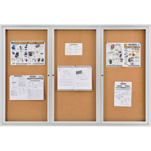 Enclosed Bulletin Board - Cork - Aluminum Frame - 72in x 48in - 3 Door