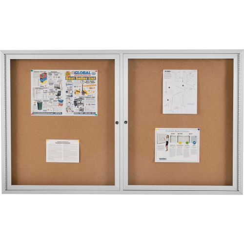 Made in the USA Natural Cork Shatter Resistant PA13624K Ghent 36x24   1-Door indoor Enclosed Bulletin Board with Lock Satin Aluminum Frame 