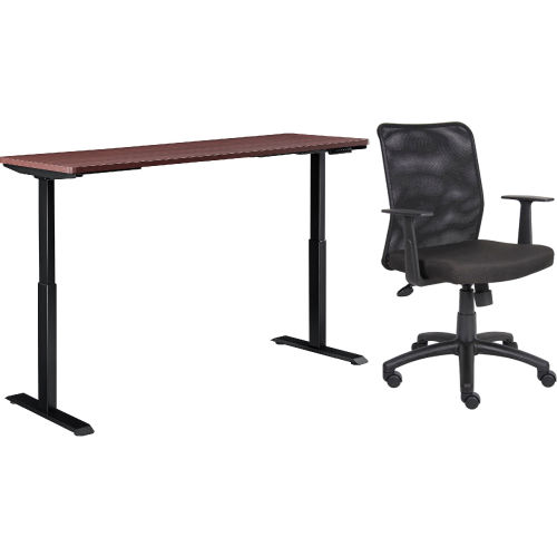 Interion® Height Adjustable Table with Chair Bundle - 72"W x 30"D, Mahogany W/ Black Base