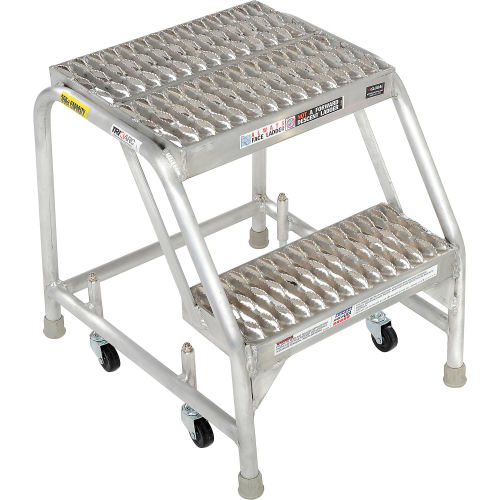 2 Step Aluminum Rolling Ladder, 16 W Grip Step, W/O Handrails