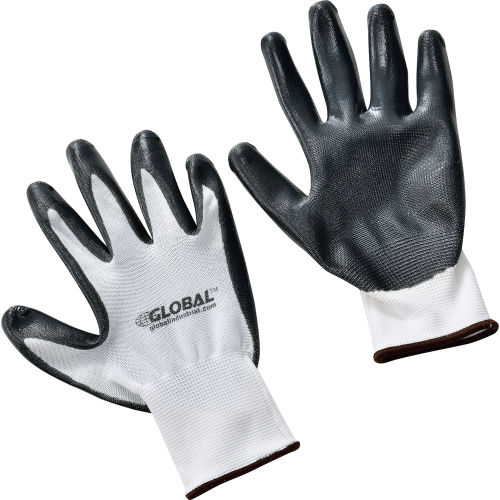 Global™ Flat Nitrile Coated Gloves, White/Gray, Large, 1-Pair