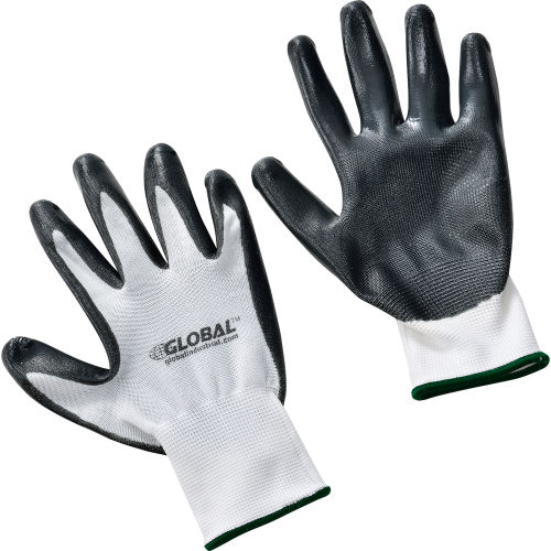 Global™ Flat Nitrile Coated Gloves, White/Gray, Medium, 1-Pair