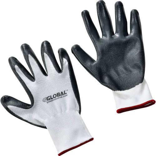 Global™ Flat Nitrile Coated Gloves, White/Gray, Small, 1-Pair