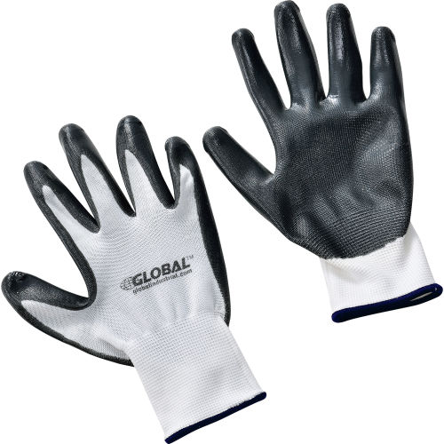 Global™ Flat Nitrile Coated Gloves, White/Gray, X-Large, 1-Pair