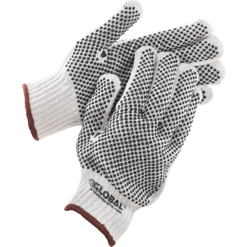 Global™ PVC Dot Knit Gloves, Double-Sided, Black, Large, 1-Dozen
