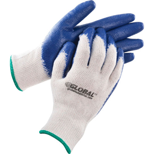 Global™ Latex Coated String Knit Gloves, Natural/Blue, Medium, 1-Dozen