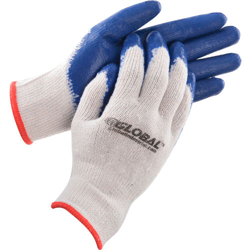 Global™ Latex Coated String Knit Gloves, Natural/Blue, Small, 1-Dozen