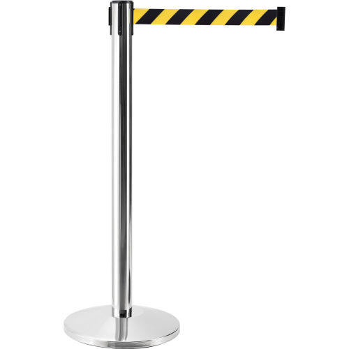 Crowd Control Stanchion, 40in Stainless Steel Post, Yellow/Black Belt, 7-1/2ft L