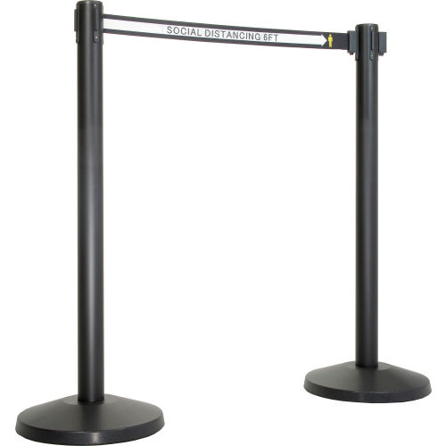 Queue Solutions Retractable Belt Stanchion, 40in High, 14in Base, 13ft Belt, 6ft Social Distancing