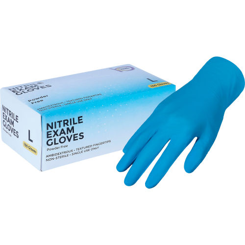 Exam Rated Nitrile Disposable Gloves, 4 MIL, Blue, Large, 100/Box
																			