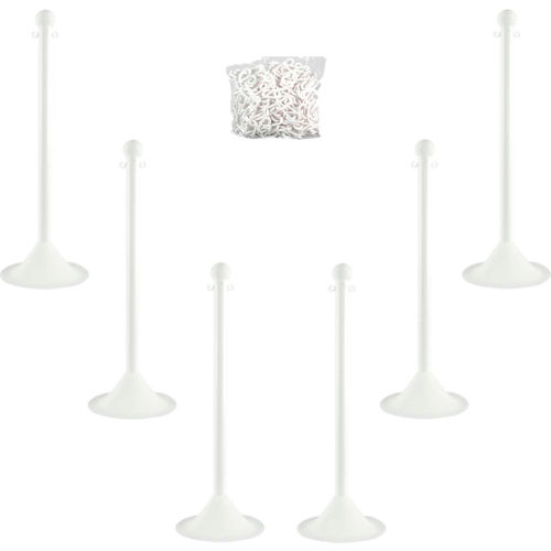 Plastic Stanchion Kit - White - 6pk 50' of 2" Chain W/ C-Hooks Incl. - 2" Pole, 14" Base, 41"H