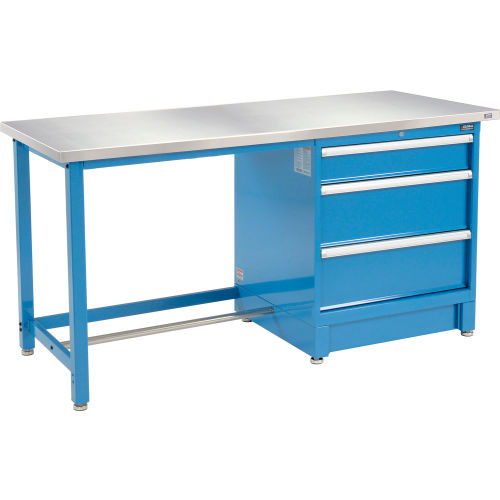 72inW x 30inD Modular Workbench with 3 Drawers - Stainless Steel Square Edge - Blue
